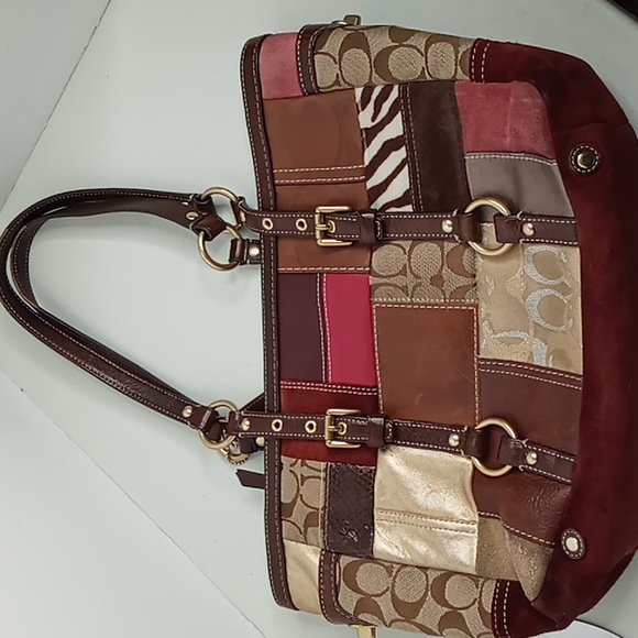 Coach - 10437 - Patchwork Logo Leather, Suede, Snakeskin Tote/SB -Merlot/Tan - Picture 16 of 16